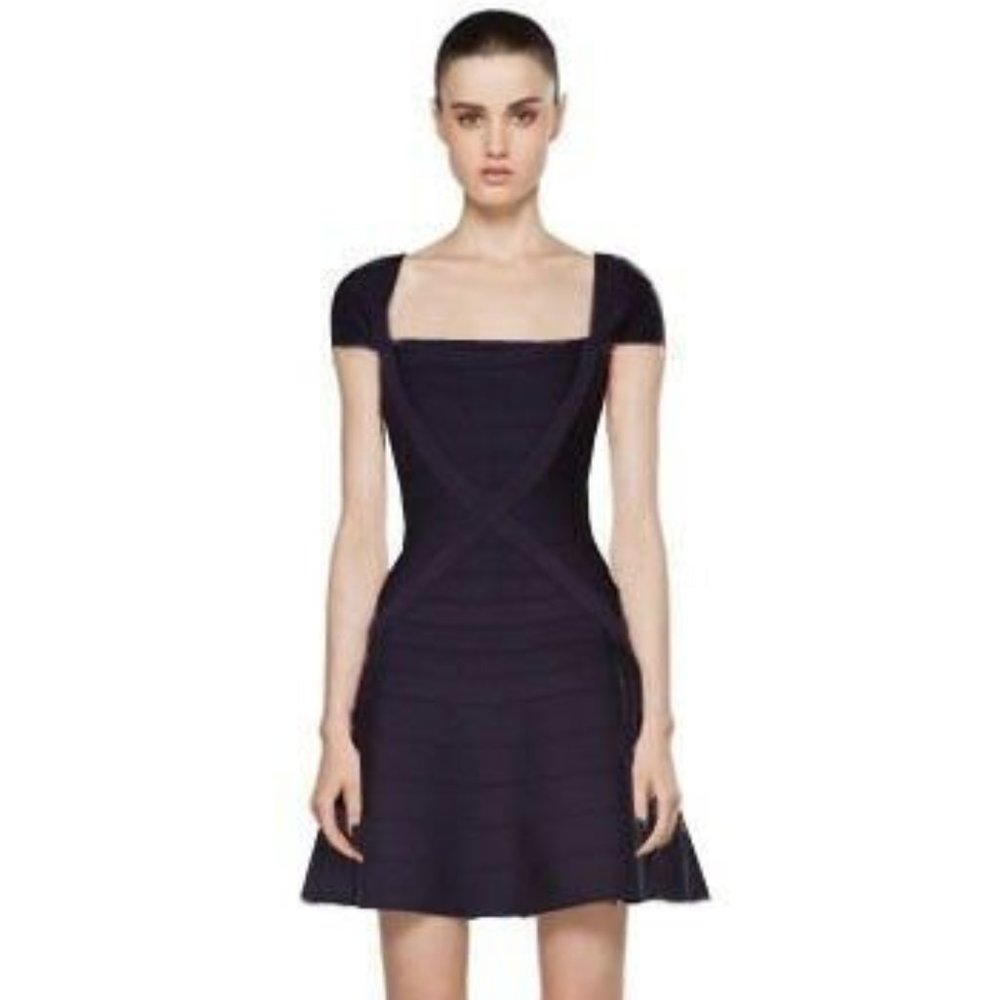 Herve Leger "MAKAYLA" L Cap Sleeve Flared Bandage Dress